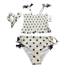 NWT Jessica Simpson girls poka dot swimsuit with matching scrunchie size 12